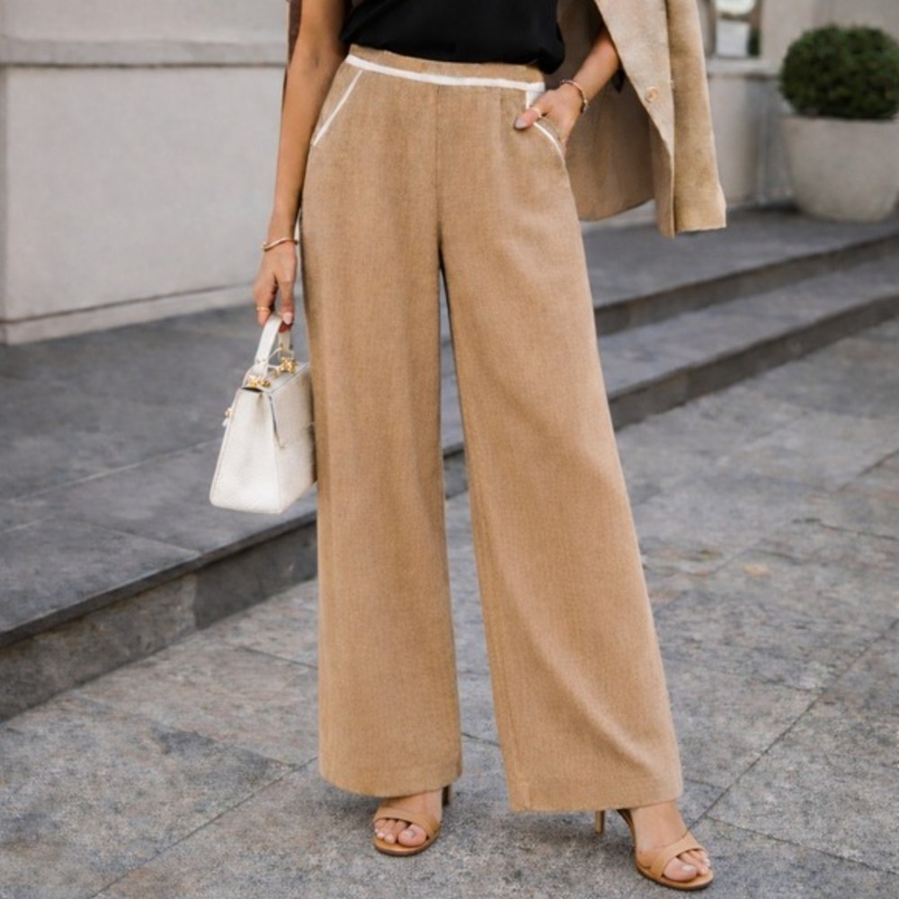 7 For All Mankind Women Wide Leg Linen Blend Trouser Pants Size M Tan Luxury NWT